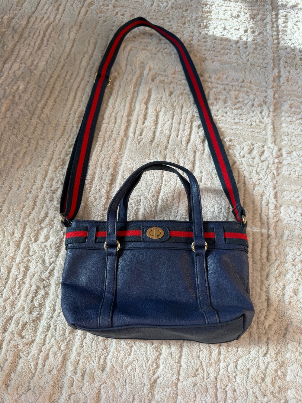 Tommy Hilfiger Navy Leather Top-Handle Crossbody Bag with Red & Green Stripe